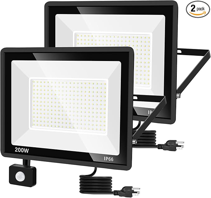 YANYCN 2 Pack 200W LED Motion Sensor Flood Light, Super Bright IP66 Waterproof Outdoor 23000 lumens 5000K Daylight Dusk to Dawn Security Light for Front Porch, Barn