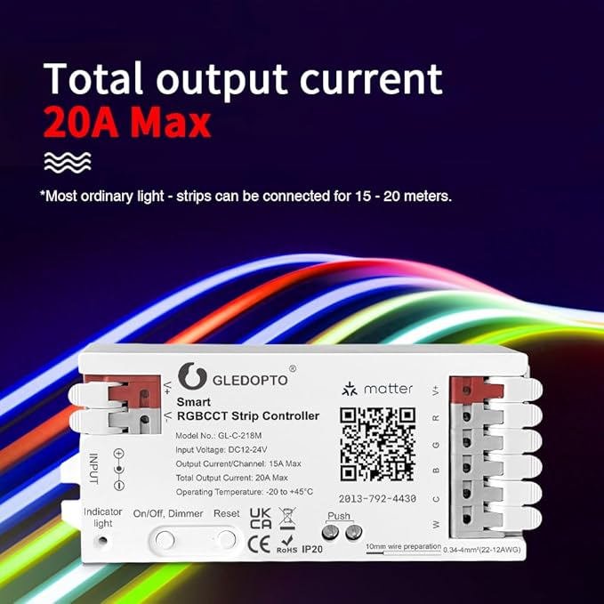 GLEDOPTO Matter RGBCCT LED Controller 20A Current Max for PWM Analog LED Strip Light APP Voice Control RGBW RGB Dimmable Work with Homekit Google Amazon Echo Alexa (Matter Hub Required)