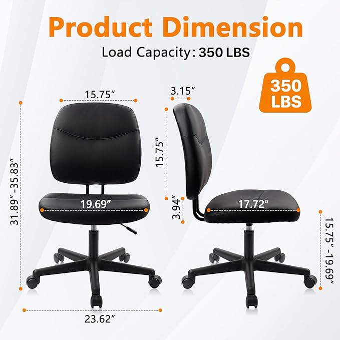 CLATINA Armless Home Office Chair, Small PU Leather Ergonomic Low Back Desk Chair with Lumbar Support and Wheels, Adjustable Height 360° Swivel Rolling Computer Task Chair, Black, 2 Pack