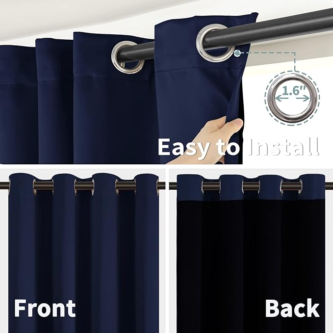 BGment Thermal Insulated 100% Blackout Curtains for Bedroom with Black Liner, Double Layer Full Room Darkening Noise Reducing Grommet Curtain (55 x 69 Inch, Navy Blue, 2 Panels)
