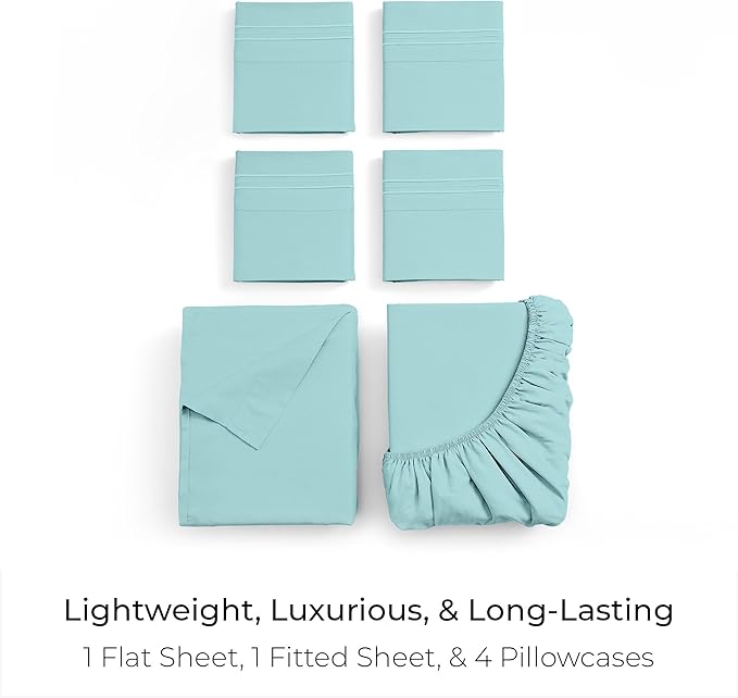 Mellanni Queen Sheet Set - 6-Piece Iconic Collection Bedding, (Including 4 Pillowcases), 21-Inch Extra Deep Pocket, Easy Care, Ultra Soft, Cooling Sheets, Brushed Microfiber - Aqua