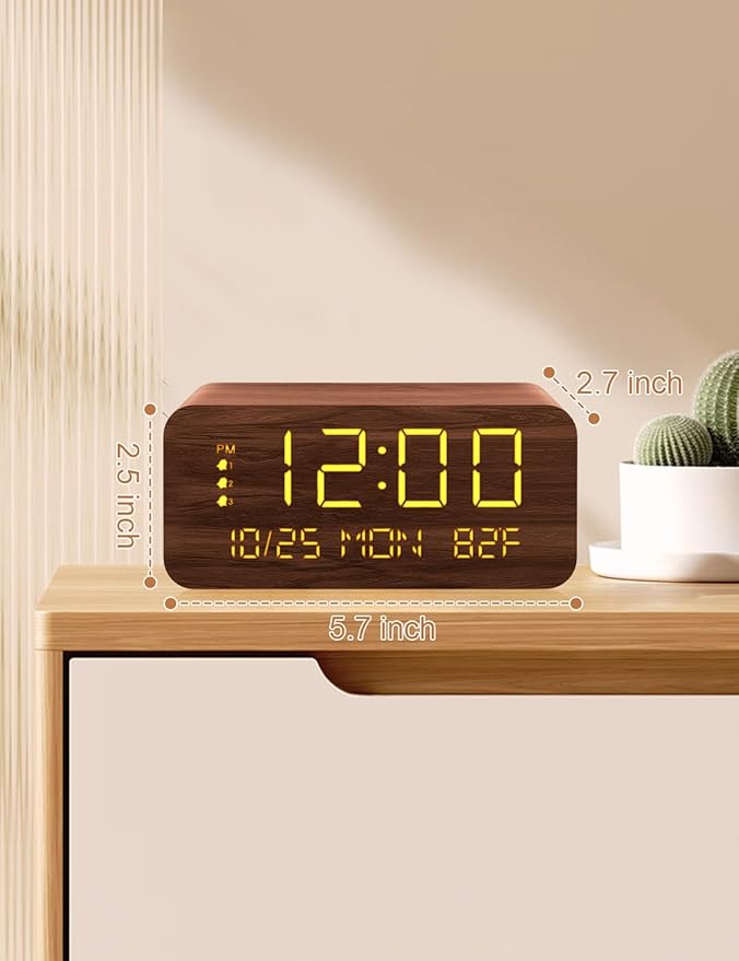 Digital Alarm Clock, with Wooden Electronic LED Time Display, 3 Alarm Settings, 10W Wireless charging, Day of the week, Temperature Detect, Wood Made Digital Clocks for Office, Bedroom, Bedside, Brown