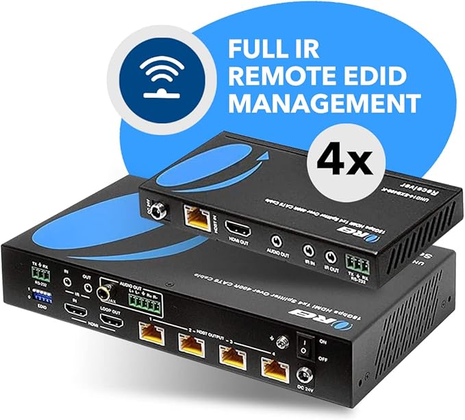 OREI 1x4 HDMI Extender Splitter HDBaseT 4K, Multiple Over Single Cable CAT6/7 4K@60Hz 4:4:4 HDCP 2.2 With IR Remote EDID Management, HDR - Up to 400 Ft - Loop Out - Low Latency - Full Support