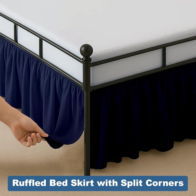 Ruffled Bed Skirt Split Corners with Platform, Tailored Fit Hotel Quality Wrinkle Free Ultra-Soft Microfiber Dust Ruffle, Upto 28 Inch Drop, King, Navy Blue
