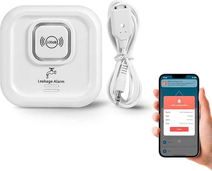 100dB Smart Water Sensor Alarm Water Leak Detector, with App Remote Monitor and Detection Lines, Wireless Tank Level Monitor for Basement,Kitchen,Bathroom (1pack)