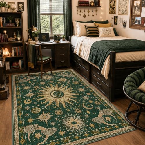 Vacuum-Friendly, 5x7 Washable Area Rug, Green Gold Yellow by meejou