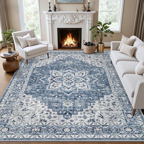 5x7 Area Rugs Living Room: Washable Vintage Rug for Bedroom Blue by EXPEDIX