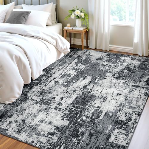 RELEANY Washable 4'x5' Abstract Area Rug for Living Room Black White - Image 2