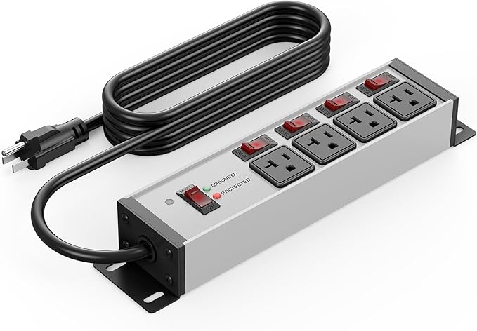 CCCEI Heavy Duty Surge Protector Power Strip 20 Amp Individual Switches. 4FT 12 Gauge Extension Cord with Multiple Outlets. Kitchen, Garage, Shop, Industrial Wall Mount Electric Extender, Grey.