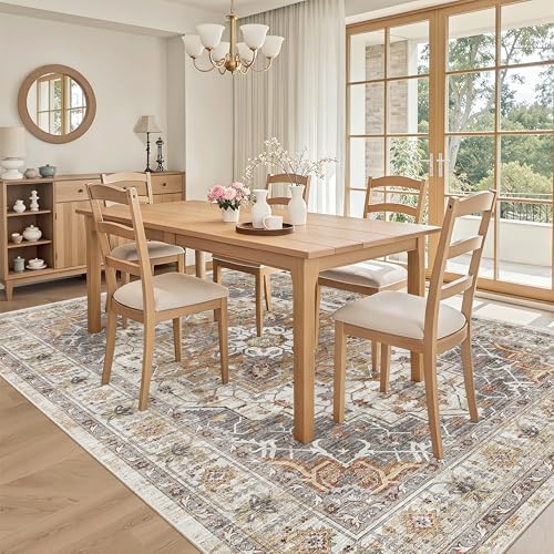 Madane 6x9 Area Rugs for Living Room, Vintage Washable Rug, Turmeric/Grey - Image 3