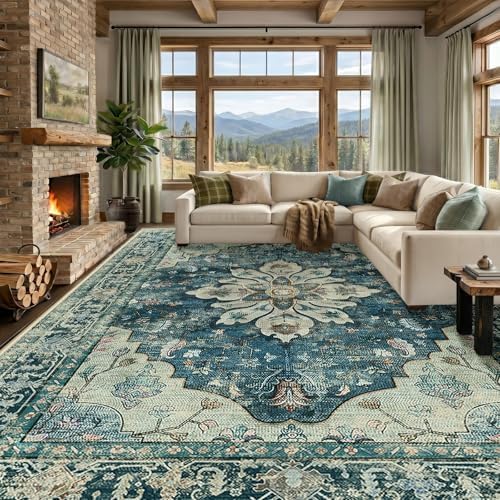 RELEANY Washable Area Rug, Large 9'x12', Blue/Vintage Dark Blue by RELEANY