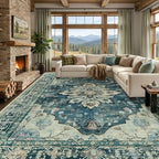 RELEANY Washable Area Rug, Large 9'x12', Blue/Vintage Dark Blue by RELEANY