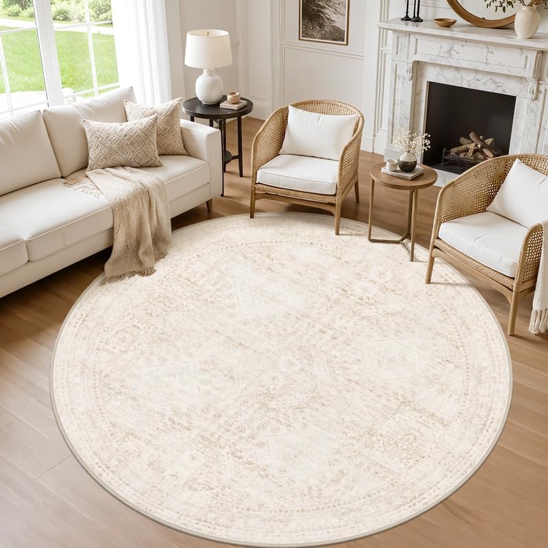 Round Area Rug Living Room: 6ft Neutral Washable Carpet Rug Beige by Luxturiy