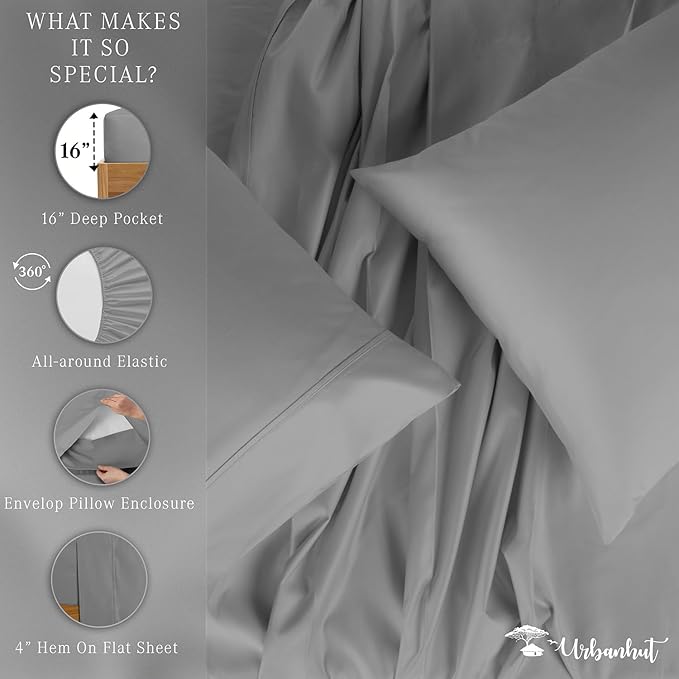 URBANHUT 800 Thread Count 100% Cotton Full Size Sheets, Luxury 4 Piece Full Bedsheets, Hotel Sheets Sateen Finish - Better Than Egyptian, 16" Elasticized Deep Pocket - Dark Grey