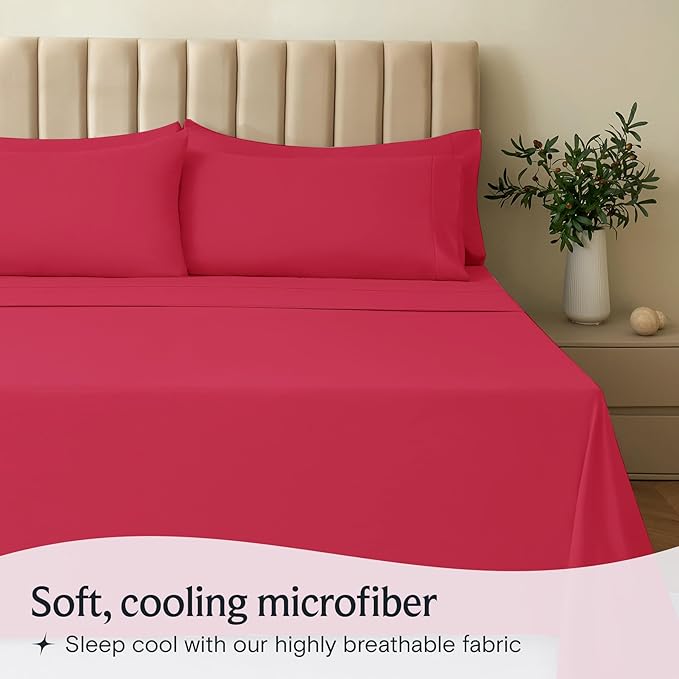 LuxClub 4 PC Sheet Set Bed Sheets Deep Pockets 16" Eco Friendly Wrinkle Free Cooling Machine Washable Hotel Bedding Silky Soft - Red Queen