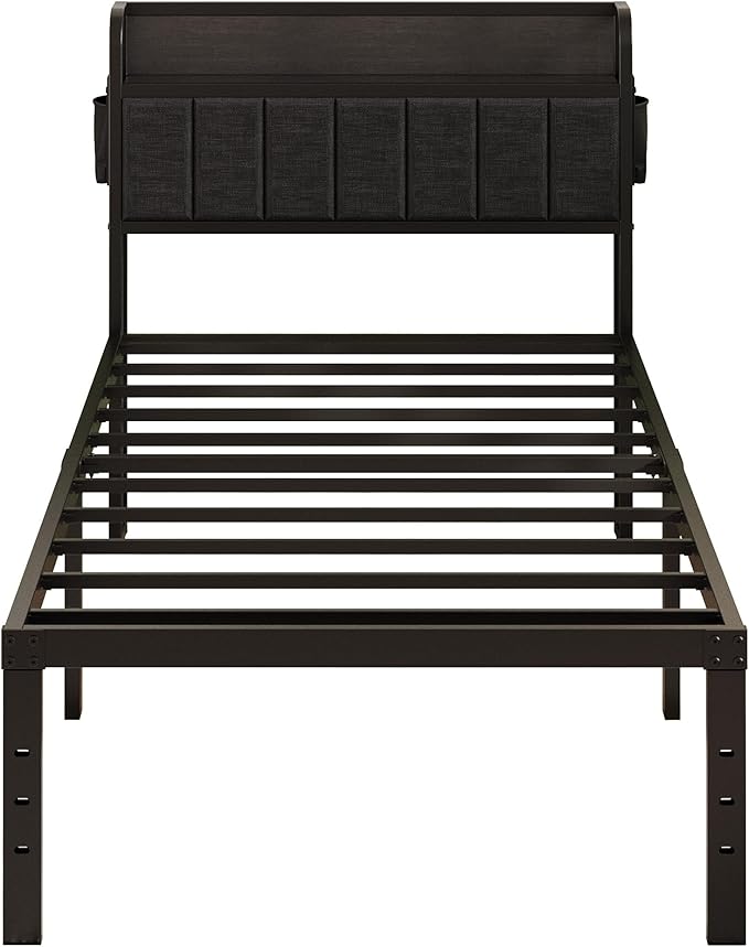 16 Inch Twin Bed Frames with Upholstered Storage Headboard, Sturdy Single Bed Frame, No Box Spring Needed Twin Platform, Black