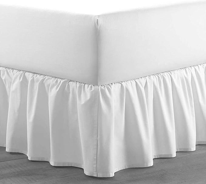 White Solid Ruffled Bed Skirt Queen-XL-8" Inch Drop Split Corner, Microfiber Bedskirt with Platform Three Sided Coverage