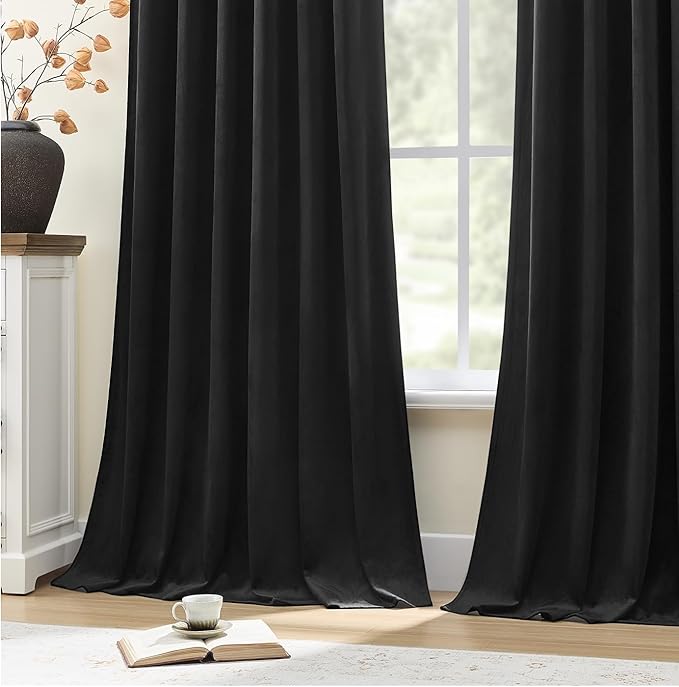 AUSSPVOCT 90 Inch Long Velvet Curtains for Living Room, Light Reducing Thermal Curtain Back Tab & Rod Pocket Elegant Soundproof Soft Room Darkening Window Drapes for Bedroom, W52 x L90, Black, 2 Pcs