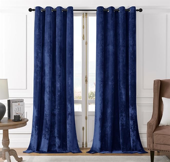 SMILETIME Navy Blue Crushed Velvet Curtains 52x108 inch Luxurious Thermal Insulated Soundproof Drapes for Living Room Bedroom Office Soft and Durable Light-Filtering Window Treatments, 2 Panels