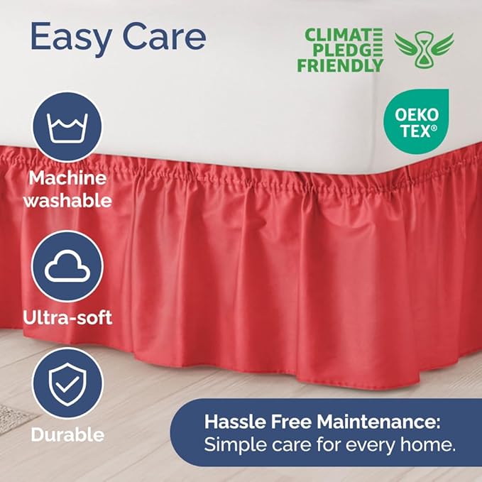 Wrap Around Dust Ruffle Bed Skirt - Red - for Queen Size Beds with 24 Inch Drop - Easy Fit Elastic Strap - Adjustable Pleated Bedskirt w/Brushed Fabric - Wrinkle Free - for Women, Men, Kids & Teens