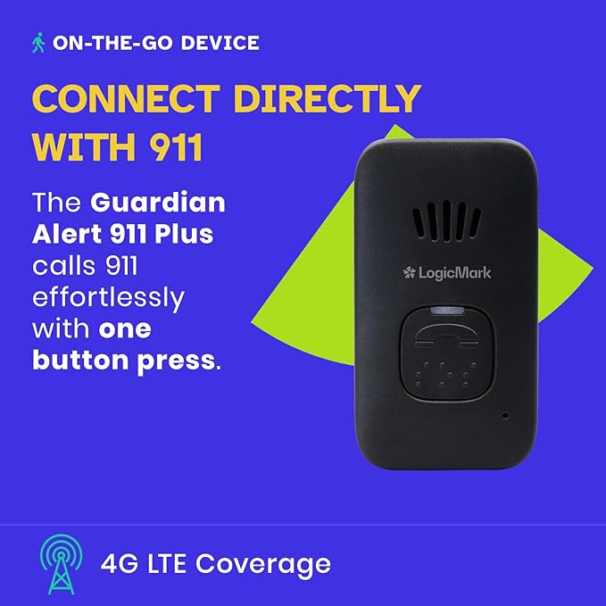 LogicMark Guardian Alert 911 Plus – No Monthly Fees, 2-Way Emergency Pendant for Seniors, with Fall Detection, Water Resistant, Direct 911 Connection Without a Landline