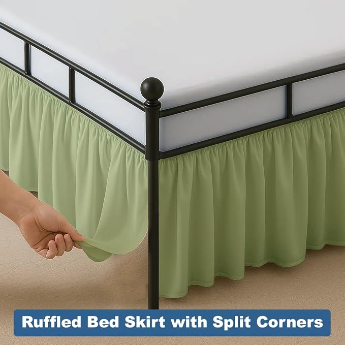 Ruffled Bed Skirt Split Corners with Platform, Tailored Fit Hotel Quality Wrinkle Free Ultra-Soft Microfiber Dust Ruffle, Upto 12 Inch Drop, Queen, Sage