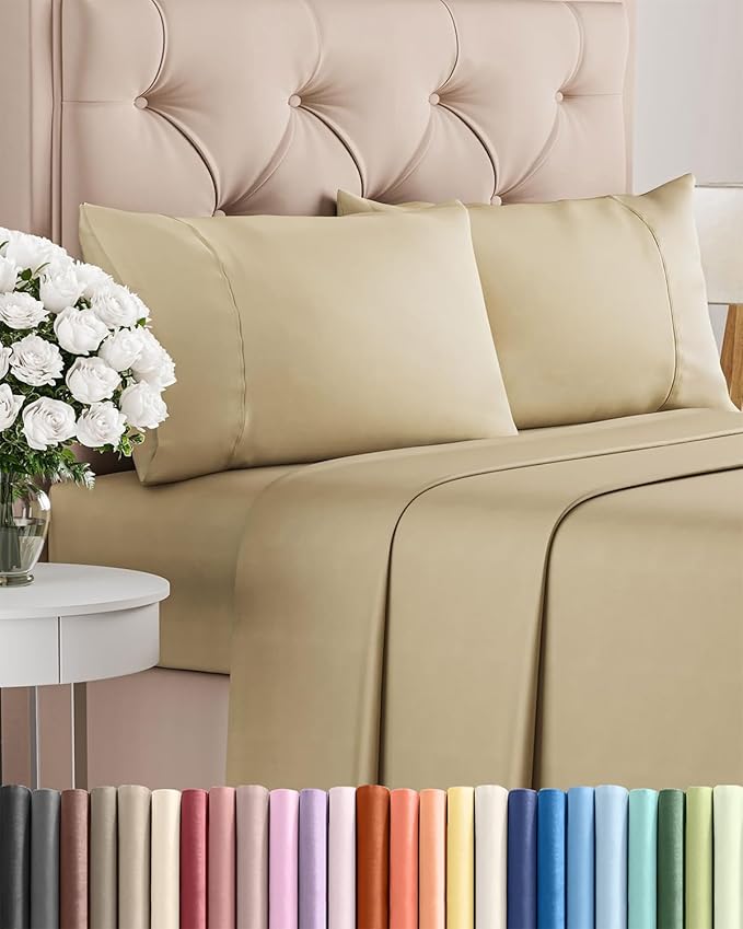Twin XL 4 Piece Sheet Set - Cooling, Comfy & Breathable - Hotel Luxury Bedding, Includes Fitted Sheet for Women, Men, Kids and Teens - 1 Flat, 1 Fitted Sheet, 2 Pillowcases with Deep Pockets - Beige
