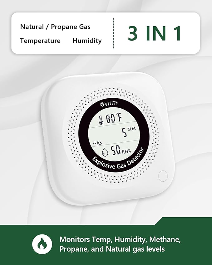 3 in 1 Natural & Propane Gas Detector, Plug in Natural Gas, Propane, Temp, Humidity and Explosive Gas Alarm; Design for Home, Apartment & RV; with LCD Screen (White)