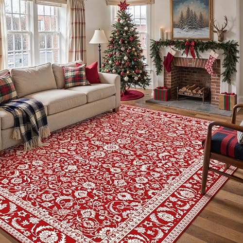 HUGEAR 8x10 Christmas Red Floral Washable Area Rug for Living Room - Image 3