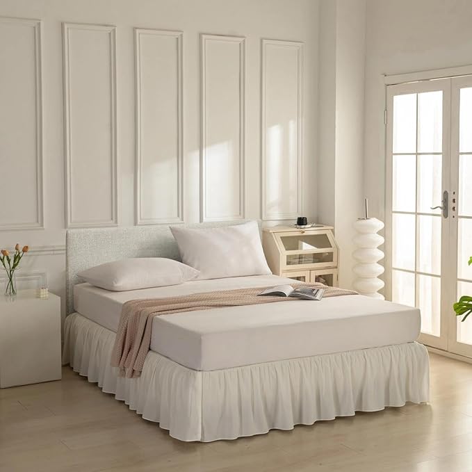 Bed Skirt Twin Size Ruffled Bed Skirt with Split Corners, Ivory Bed Skirts 18 Inch Drop, Bed Skirting with Platform, 18'' Twin