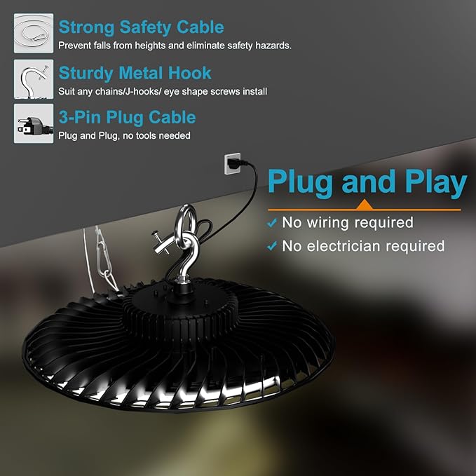 Smart 300W LED High Bay Light 45000LM 5000K UFO High Bay Lighting Motion Activated High Bay LED Lights AC100-277V Plug UFO Lights (Remote Included)- 4Pack
