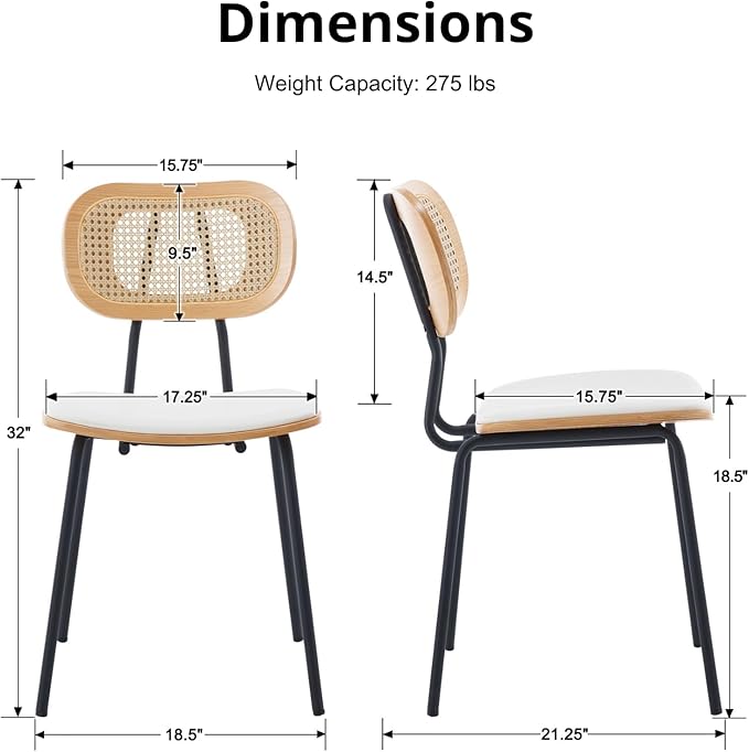 HEAH-YO Dining Chairs Set of 6, Upholstered Faux Leather Rattan Dining Chairs with Backrest and Metal Legs, Armless Kitchen Rattan Chairs for Dining Room, White