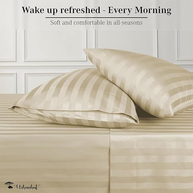 URBANHUT 800 Thread Count 100% Cotton Damask King Size Sheets, 4 Piece Striped King Size Bedsheets, Luxury Hotel Sheets Sateen Weave - Better Than Egyptian, 16" Elasticized Deep Pocket- Sand