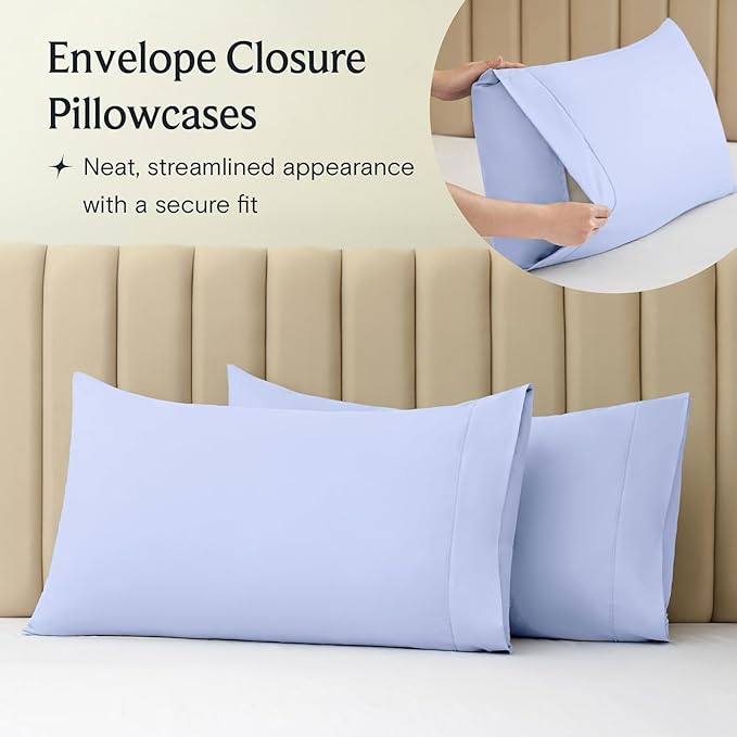 LuxClub 4 PC Sheet Set Bed Sheets Deep Pockets 16" Eco Friendly Wrinkle Free Cooling Machine Washable Hotel Bedding Silky Soft - Sky Blue Queen