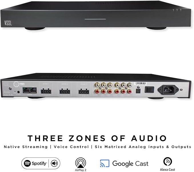 VSSL A.3X 6-Channel, 3 Zone, Audio Streaming Amplifier, Compatible with AirPlay 2, Chromecast, Amazon Alexa, Spotify Connect, Bluetooth| 6 Channel Whole Home Audio Amp | Multiroom Audio Controller