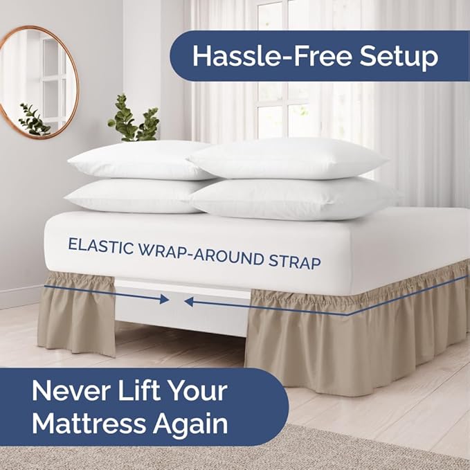Wrap Around Dust Ruffle Bed Skirt - Cream - for King Size Beds w/ 16 Inch Drop - Easy Fit Elastic Strap - Adjustable Pleated Bedskirt w/Brushed Fabric, Wrinkle & Fade Free Women, Men, Kids & Teens