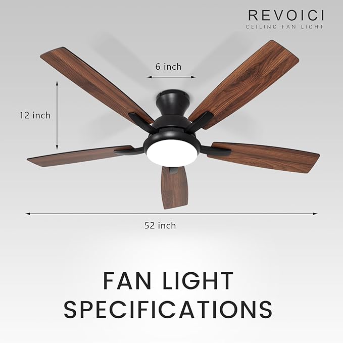 revoici Ceiling Fans with Lights, 52 Inch Black and Brown Wood Ceiling Fan, 6 Speed and Reversible DC Motor, Modern 5 Blade Low Profile Flush Mount Ceiling Fan for Living Room, Outdoor Patio