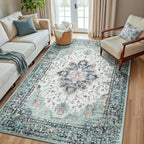 RELEANY Washable Area Rug, 5'x8', Teal Green/White/Navy by RELEANY