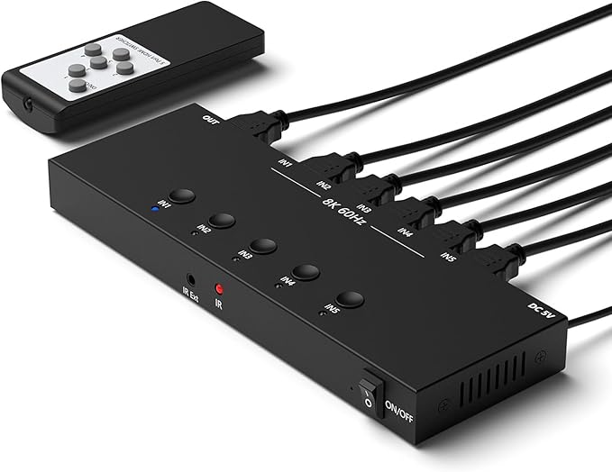 RuiPuo 5Port HDMI Switcher 8K@60Hz 5In 1Out HDMI Selector with IR Remote Supports Full HD 4K/1080P/3D & HDCP2.2 for Switch,Xbox,PS4/PS5,Fire Stick,Roku,Apple TV etc.