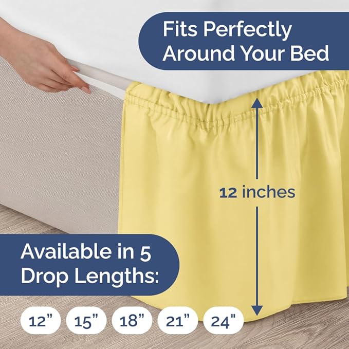 Wrap Around Dust Ruffle Bed Skirt - Yellow - for Queen Size Beds with 12 Inch Drop - Easy Fit Elastic Strap - Adjustable Pleated Bedskirt w/Brushed Fabric Wrinkle Free - for Women, Men, Kids & Teens