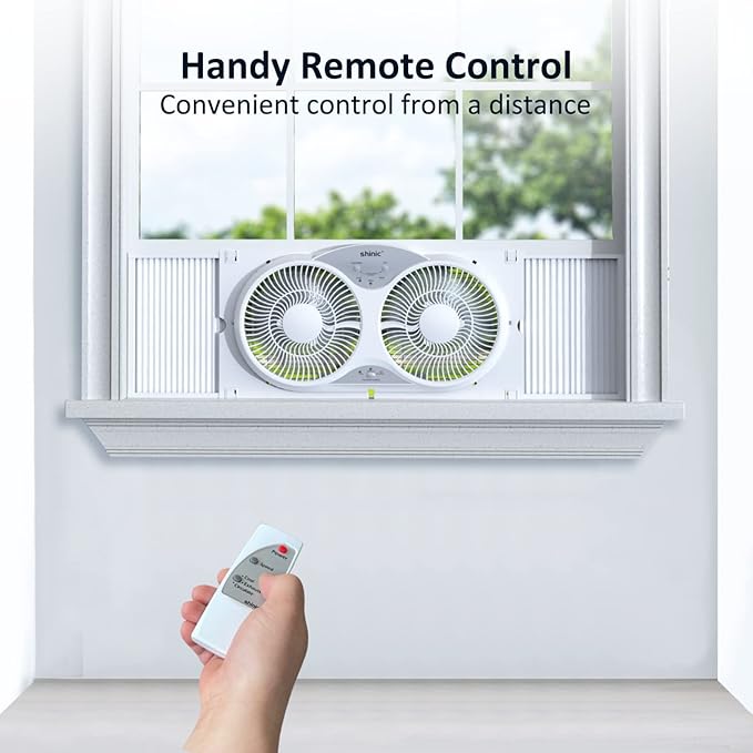 shinic 9" Twin Window Fan with Reversible Airflow, Removable Cover and Bug Screen, Remote Control, 3 Functions-3 Speeds, Width Adjustable (23.5" to 37"), Bathroom Kitchen Window Fan ETL Certified