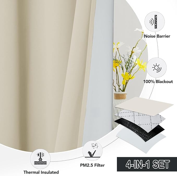 RYB HOME 4-in-1 Dust Filtering Soundproof Blackout Insulating Privacy Window Curtains for Nursery Bedroom Living Room Rivider Sound Absorption Sheet, Beige, W52 x L90 inch, 2 Panels