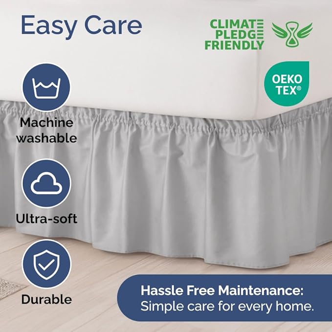 Wrap Around Dust Ruffle Bed Skirt - Light Grey - for Queen Size Beds w/ 16 Inch Drop - Easy Fit Elastic Strap - Adjustable Pleated Bedskirt with Brushed Fabric, Wrinkle Free Women, Men, Kids and Teens