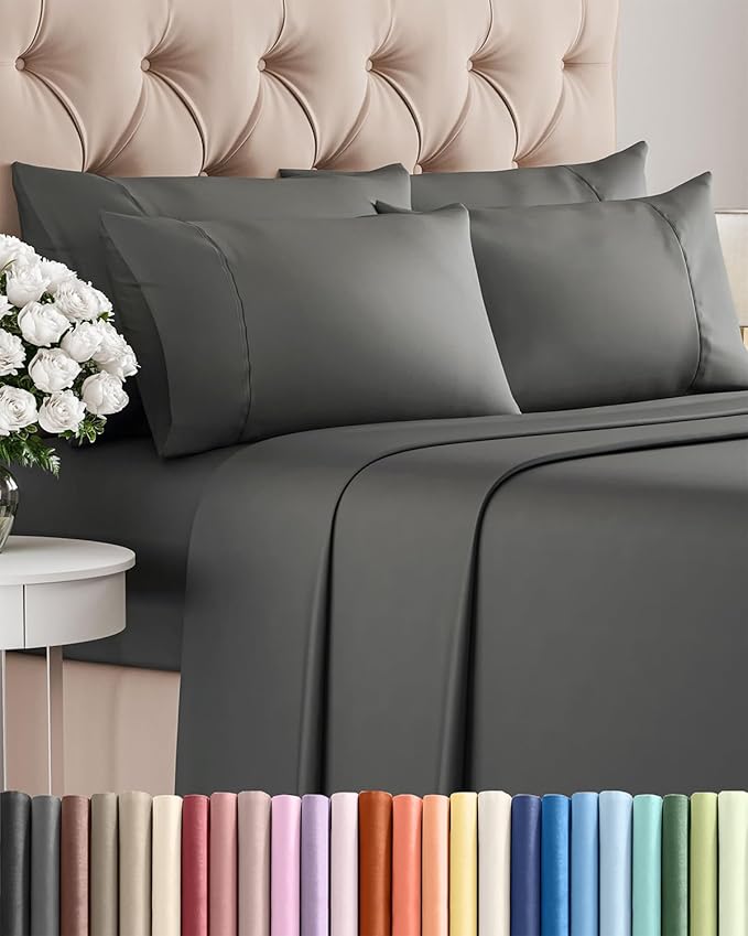Cal King 6 Piece Sheet Set - Cooling, Comfy & Breathable - Hotel Luxury Bedding, Includes Fitted Sheet for Women, Men, Kids & Teens - 1 Flat, 1 Fitted Sheet, 4 Pillowcases w/Deep Pockets - Charcoal