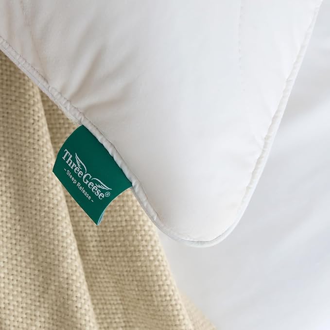 Three Geese White Goose Feather Down Pillows Queen Size Set of 2-100% Cotton, Medium Firm,Soft Support