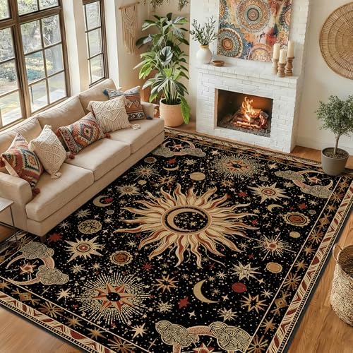 Vacuum-Friendly, 9x12 Washable Area Rug, Black Gold Beige Red by meejou