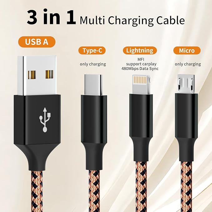 Multi Charging Cable,(3Pack 4FT), Multi Charging Cord 3 in 1 Charging Cable Nylon Braided Universal Charger Phone Charger Cord with Type-C,Micro USB,IP Port for iPhone16/15 Series/Phone&Pad