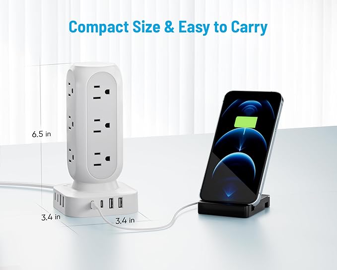 TenTrend 65W Fast Charging Station, Flat Plug Power Strip Tower with 12 AC Outlets & 8 USB Ports (2 PD USB-C Ports), 10FT Extension Cord, Compatible for MacBook Pro, iPhone Series.