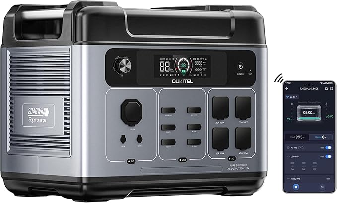 OUKITEL P2001 Plus 2400W Solar Generator(2025 NEW), 2048Wh Solar power station with 4 AC Outlets (5000W Peak), 1.5H Full Charging, APP Control Battery Backup for Home, Camping & RVs
