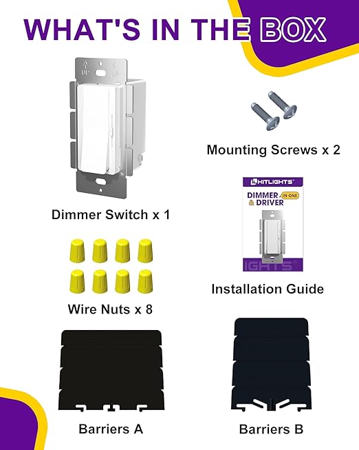 HitLights LED Driver and Dimmer Switch in One 120W, 120V AC to 12V DC, Compatible with Most Solid Color 12V Strip Tape Lights, UL Listed, Single-Pole/3-Way, EZDim Pro, White
